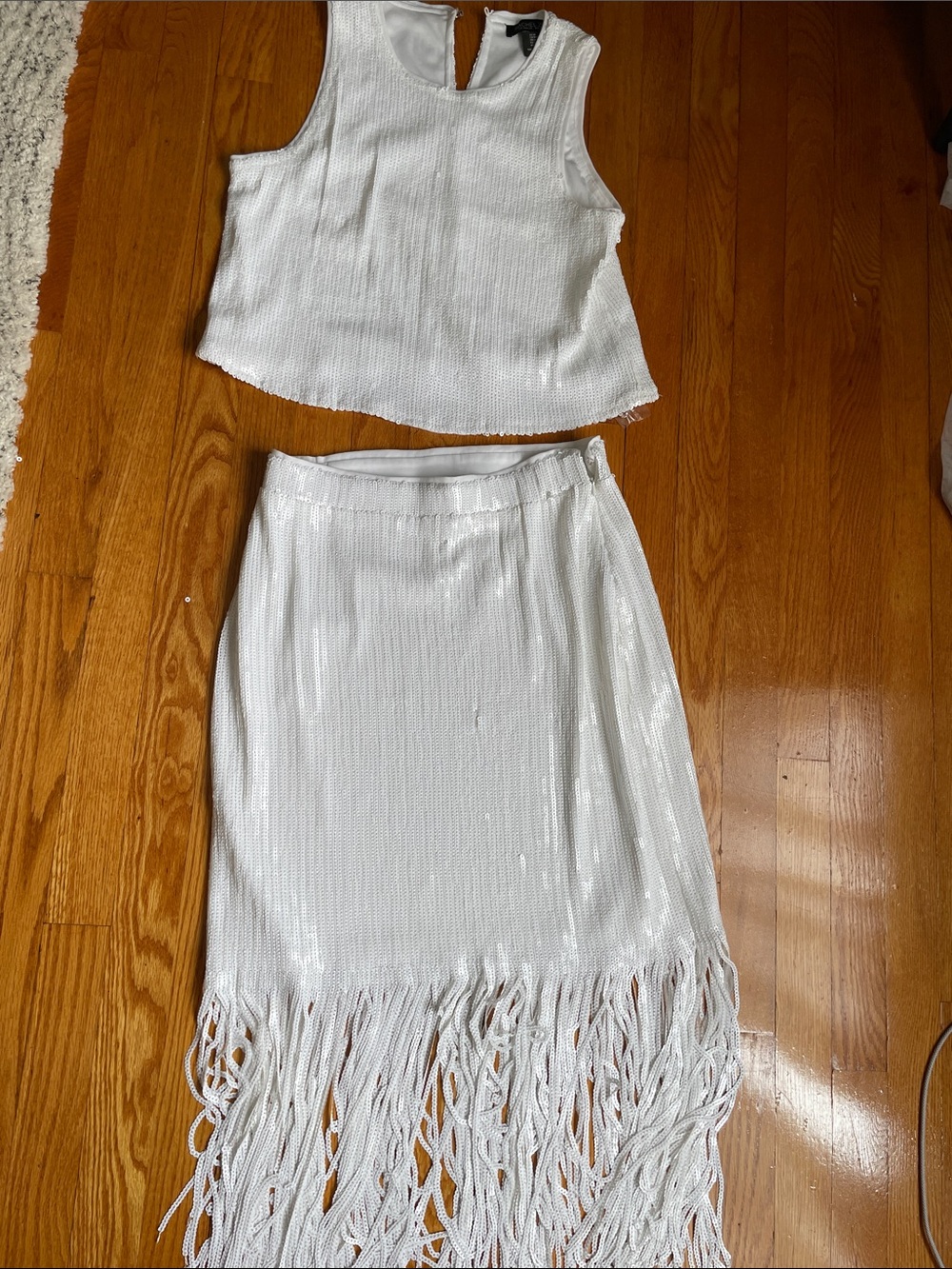 Rachel Zoe White Fringe sequin Midi Skirt and Top
